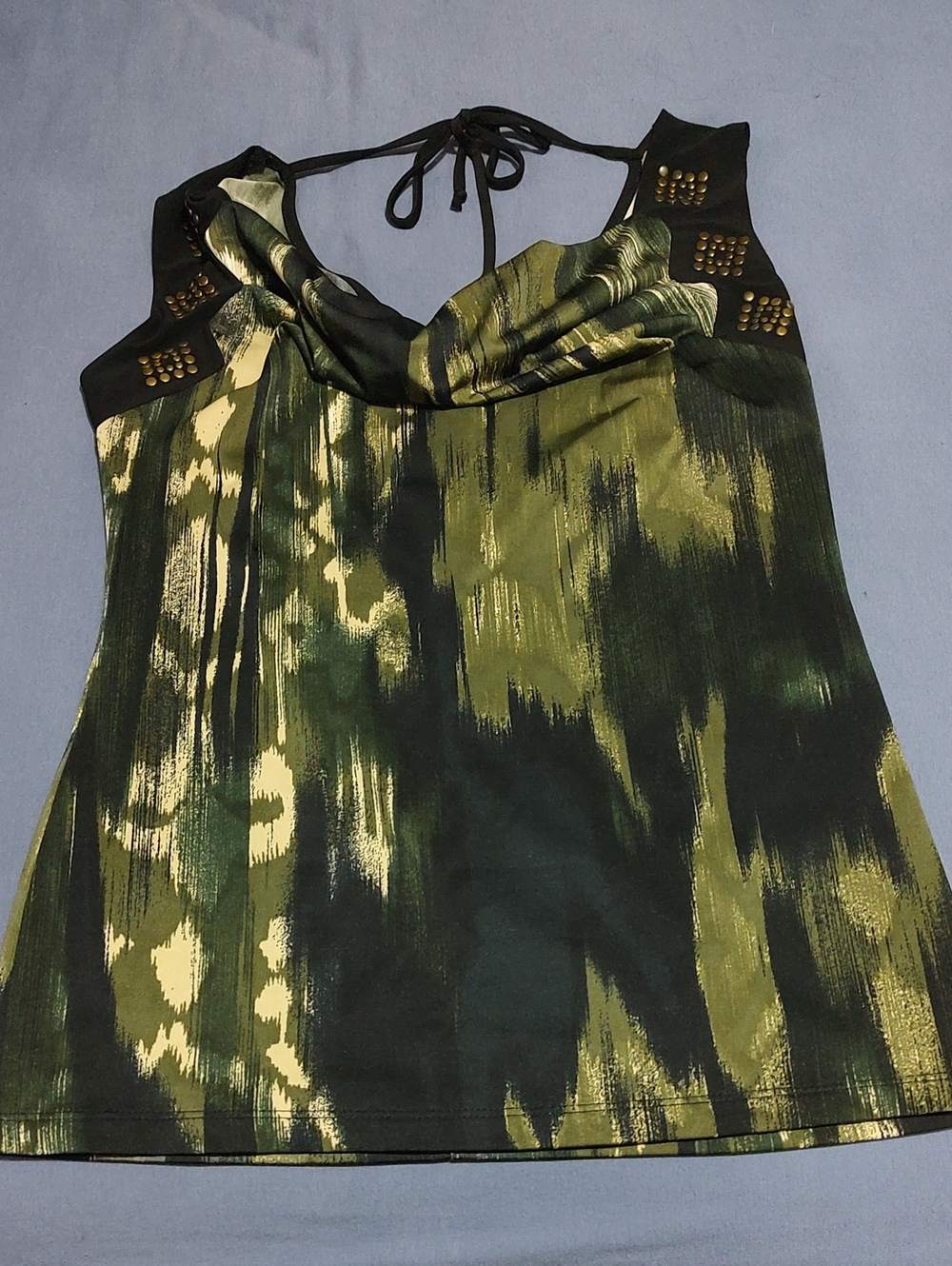 Dots Olive Green and Black Halter Tie-Back Tank Top
